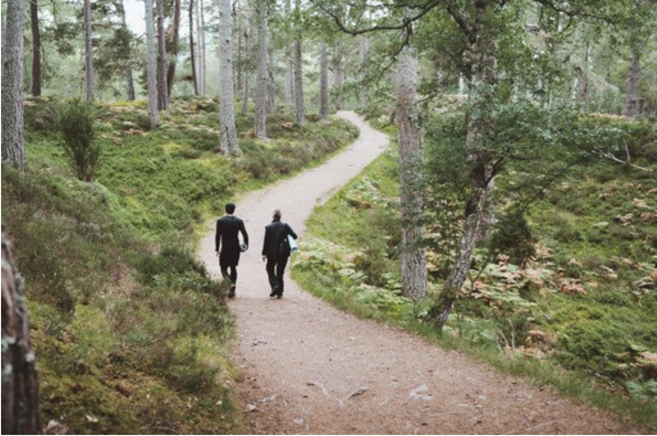 Two people walk along a path in a forest