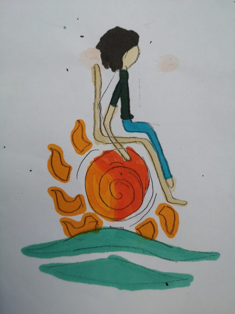 An illustration of a person on a wheelchair. The wheel of the wheelchair is made of a sun with curves to represent sand beneath it.