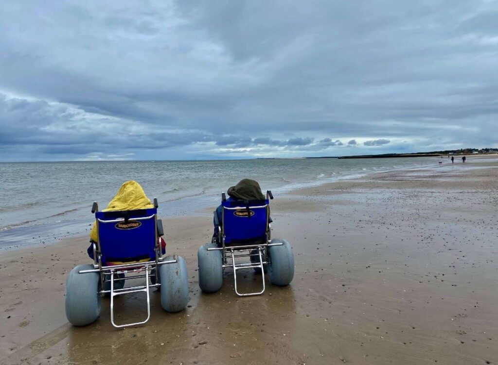 This image captures two individuals sitting in specialized blue beach wheelchairs, designed with large, low-pressure tires for navigating sand. They are facing away from the viewer, looking out towards the ocean on a cloudy day. The beach appears wet in the foreground, leading to the slightly choppy water. In the distance, a few figures and a dog can be seen walking along the shoreline.