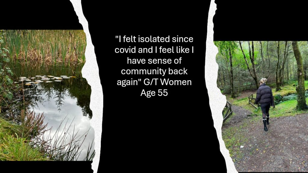 On the left side of the image is a still water stream with lily pads and long grass on either bank. In the middle is white text on a black background stating "I felt isolated since covid and I feel like I have a sense of community back again" Gypsy Traveller woman age 55. On the right hand side is a woman in outdoor clothing walking along a path in a wooded area.