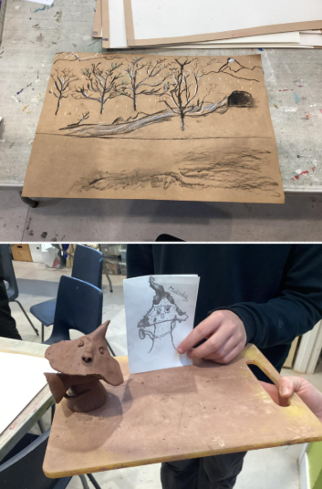 Image shows woodland scene in charcoal on brown paper. Below is an image of a clay character and a drawn character on paper being held by a hand
