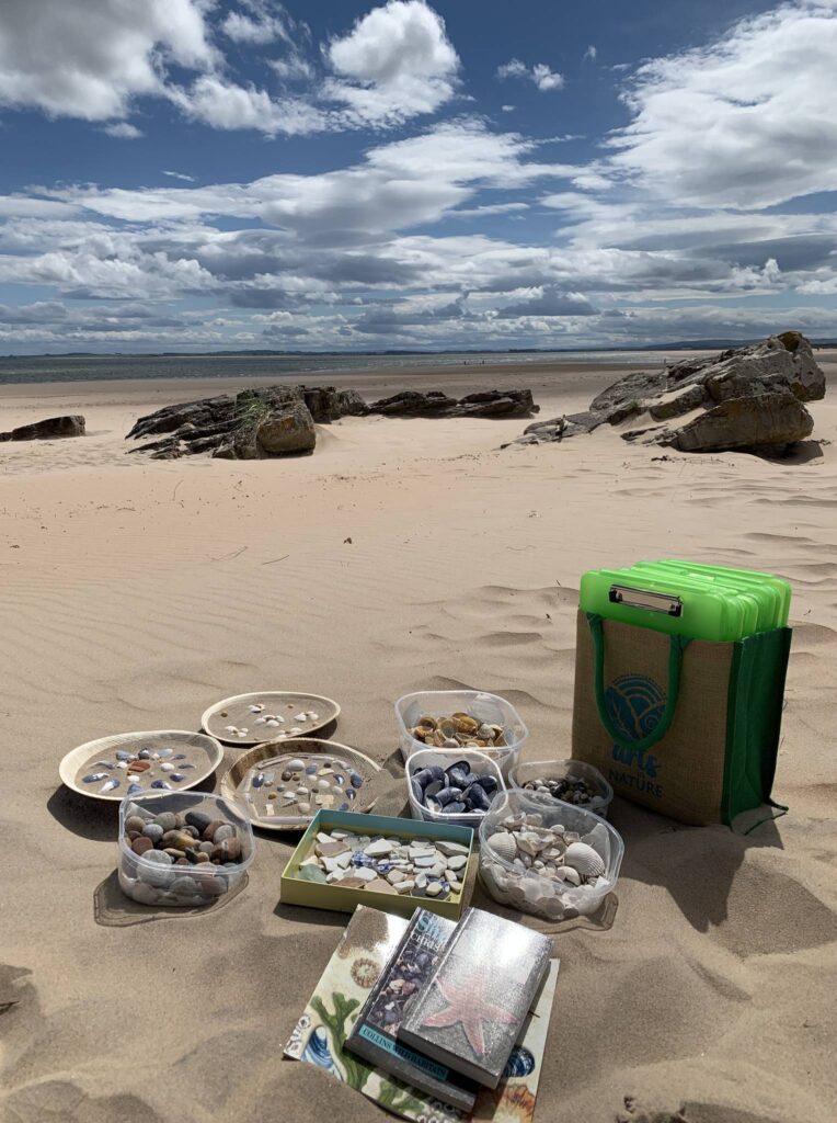sandy beach with tubs and plates filed with sand and shells, a bag with the arts in nature logo full of clipboards sits to the right hand side. In the distance rocks and the sky with white clouds