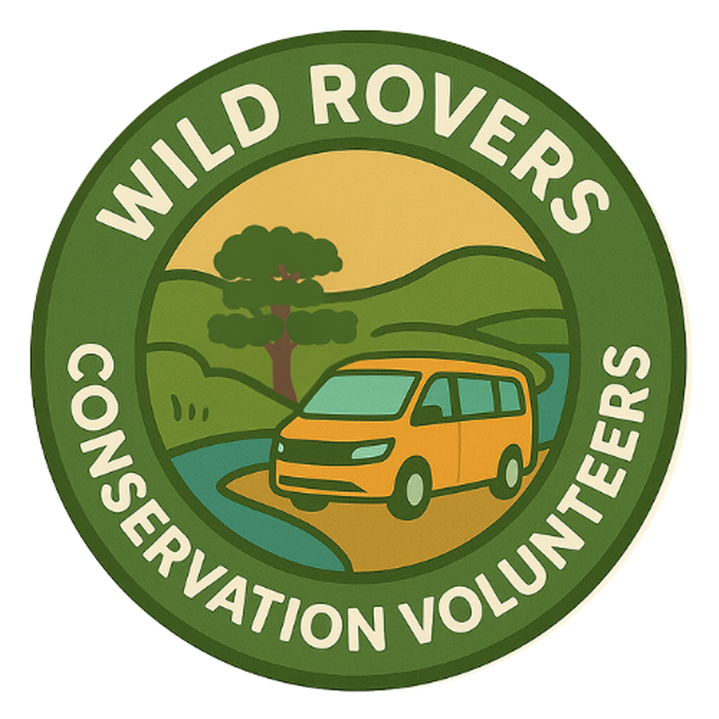 Wild Rovers conservation volunteers logo. Green circle with minibus situated in hills, trees and a river.