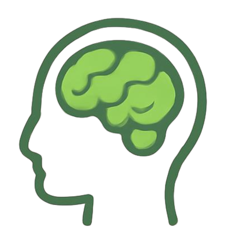 A drawing of a side on view of a head with a brain, lines are green.