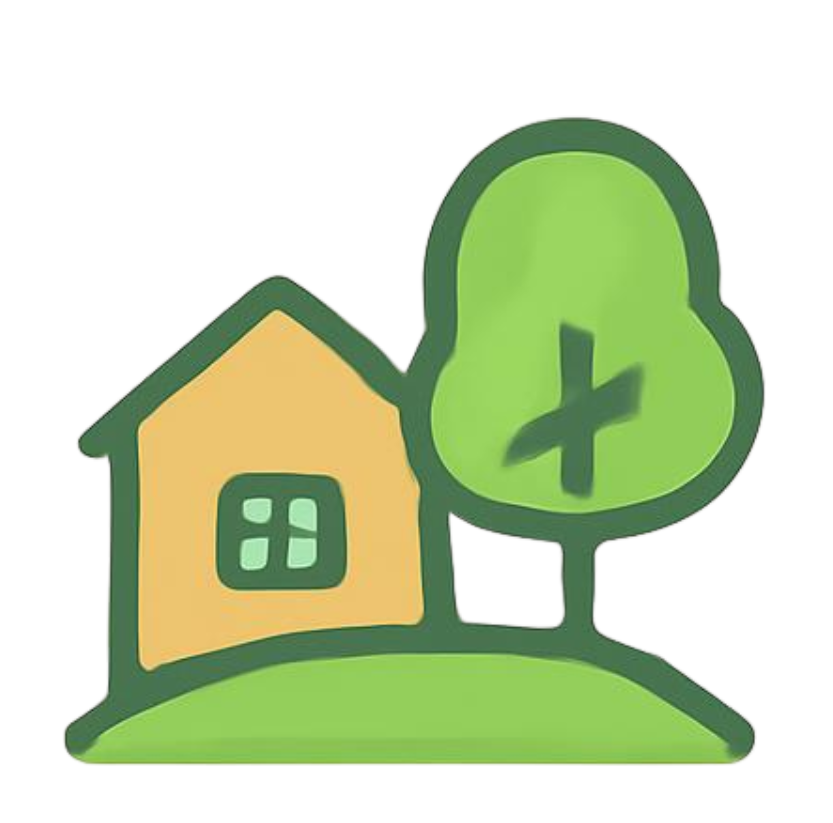 A drawing of a simple house on a hill with a tree beside it. All lines are green, the house is orange, the hill and tree are green.